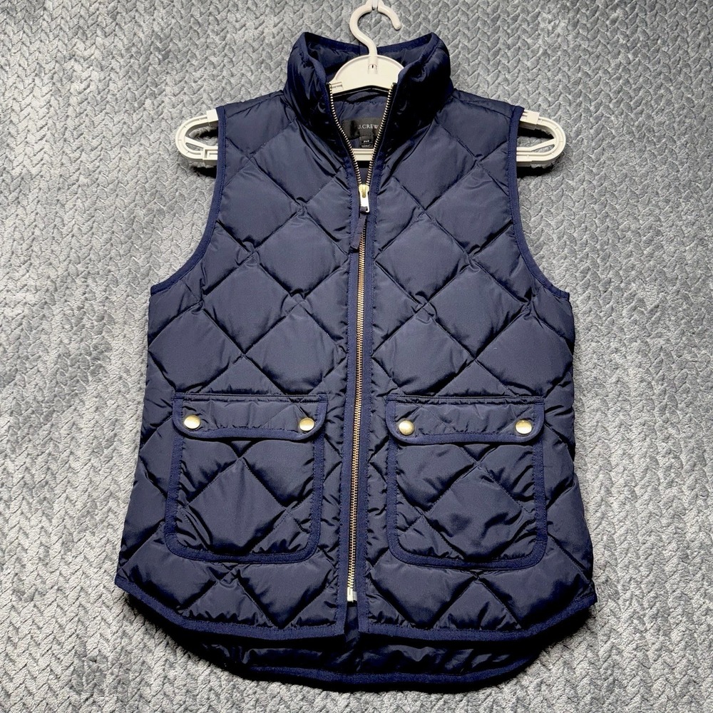 J Crew Quilted Puffer Vest PXS Navy Blue Down Feather Insulated Pockets Gold Zip
